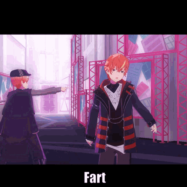 two anime characters are standing next to each other and the word fart is on the bottom right
