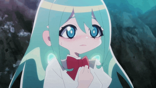 a girl with green hair and blue eyes is wearing a red bow