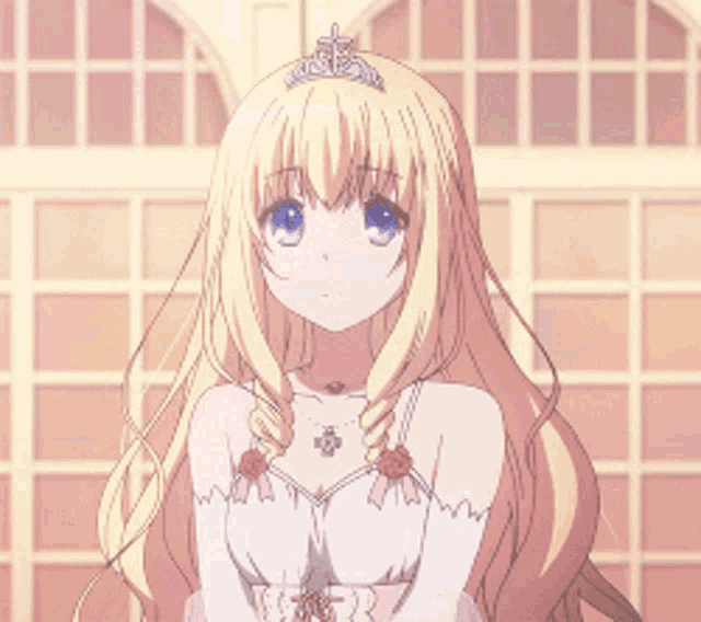 a girl with a tiara on her head is wearing a white dress