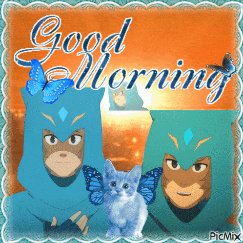 a picture of two cartoon characters and a kitten with the words good morning written on it