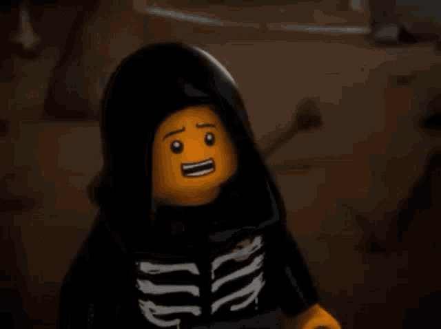 a close up of a lego character wearing a black hoodie and a skeleton costume .