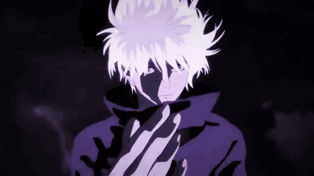 a cartoon character with white hair and blue eyes is standing in the dark with his hands on his face .