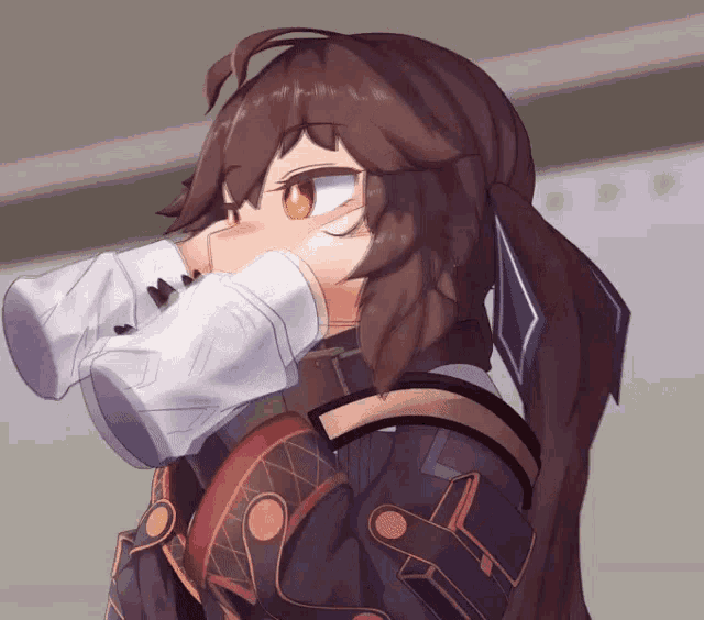 a girl with a bandage on her face is drinking from a white cup