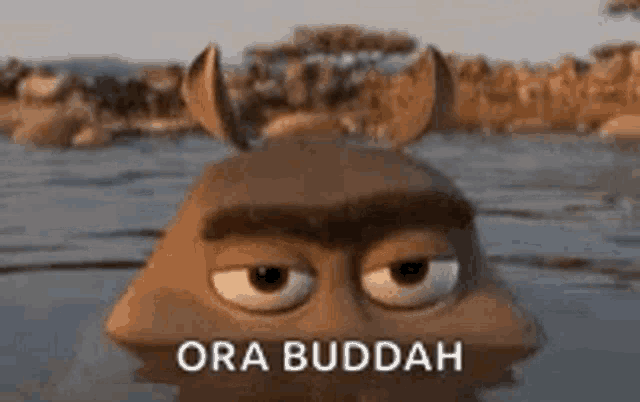 a cartoon character with horns is swimming in the water with the words `` ora buddah '' written on the bottom .