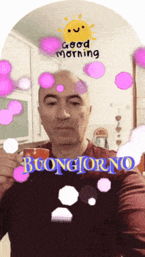 a man is holding a cup of coffee with the words buongiorno on the bottom