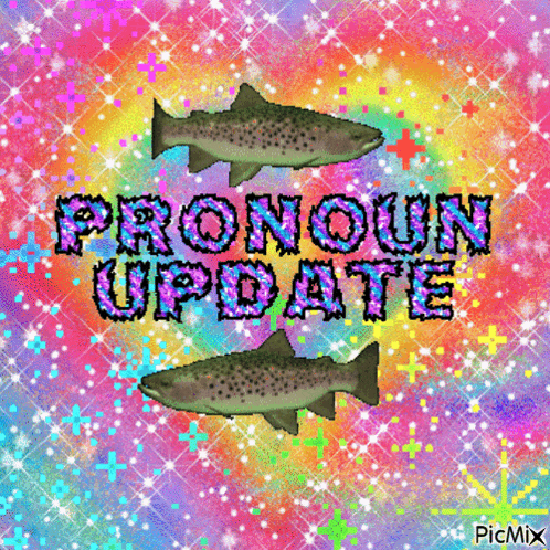 a colorful background with two fish and the words pronoun update on it