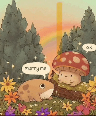 a frog and a mushroom are talking to each other and the mushroom is asking the frog to marry it