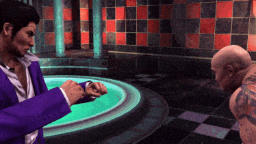 a man in a purple suit stands next to a bald man
