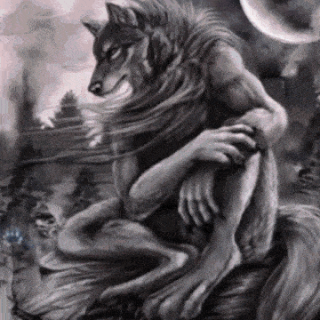a werewolf is sitting on a tree stump in a forest at night .
