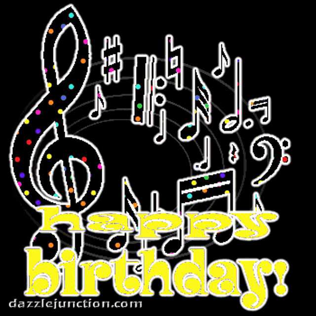 a happy birthday greeting card with a treble clef and music notes