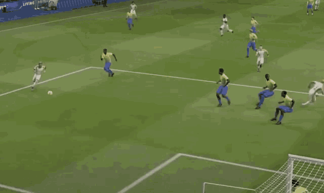 a soccer game is being played and a goal is being scored by a player