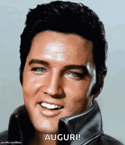 a close up of elvis presley 's face with the words auguri on the bottom