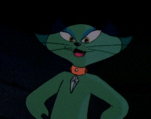 a green cartoon cat with a collar around its neck
