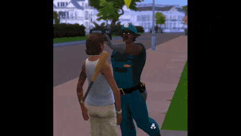 a man in overalls is holding a bat in his hand