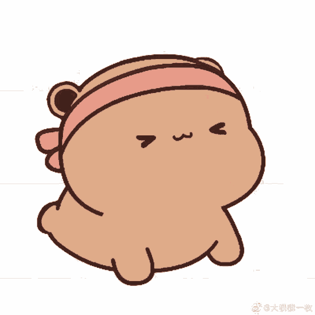 a brown teddy bear with a pink headband around his head
