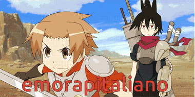 two anime characters are standing next to each other with the words emocapitaliano in red letters