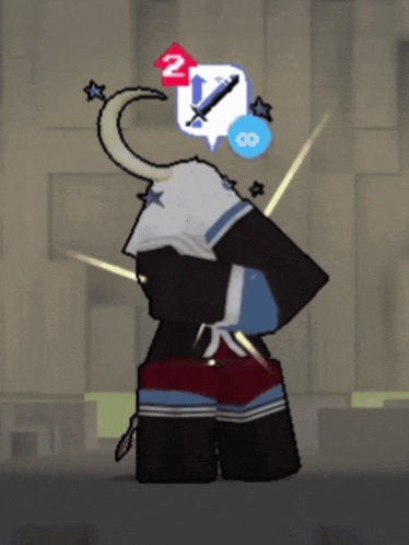 a cartoon character with a sword and a speech bubble with the number 2