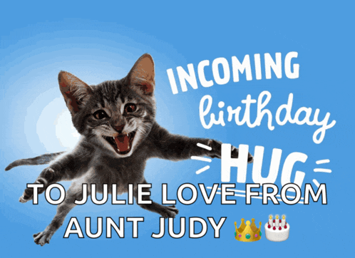 a birthday card with a cat and the words " incoming birthday hug "