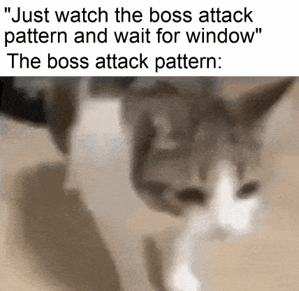 a cat is standing on the floor with a caption that says `` just watch the boss attack pattern and wait for window '' the boss attack pattern .