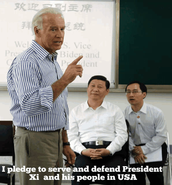 a man in a striped shirt stands in front of a white board that says president xi and his people in usa on it