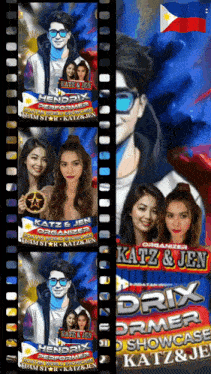 a poster for katz & jen shows a man with glasses and three women