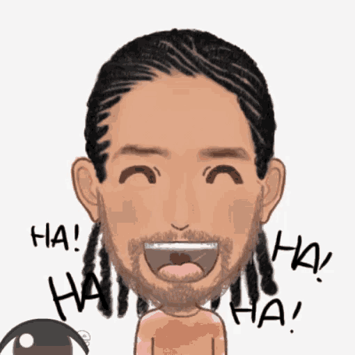 a cartoon of a man with dreadlocks laughing with ha written on the bottom