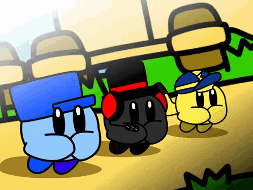 three cartoon characters are standing next to each other with one wearing a top hat