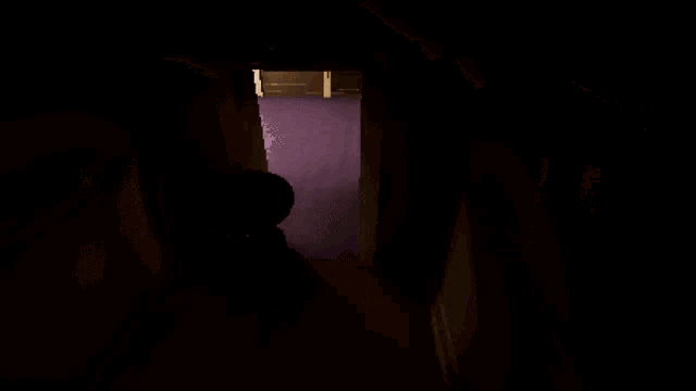 a purple carpeted hallway with a box in the middle of it