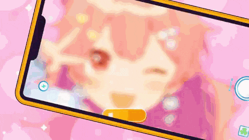 a girl with pink hair is making a peace sign on a phone screen .