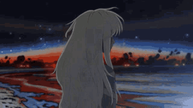 a woman with long white hair stands in front of a sunset