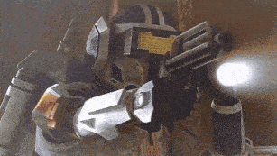 a robot is holding a gun and a flashlight in his hands .