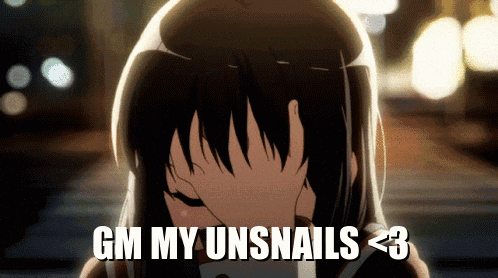 a girl is covering her face with her hand and the words gm my unnails < 3