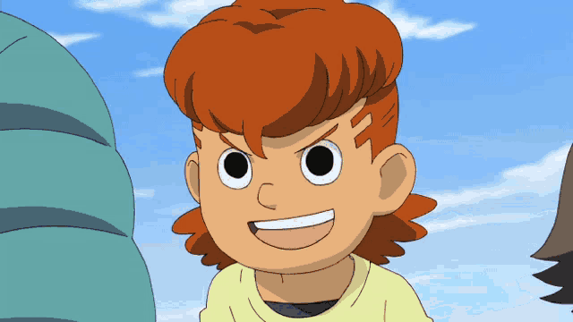 a cartoon character with red hair and a yellow shirt smiles