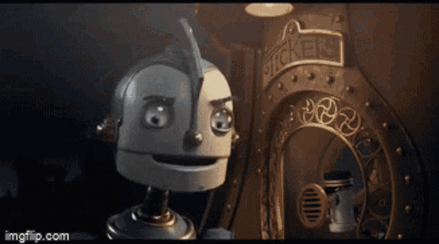 a robot is standing in front of a door that says tickets