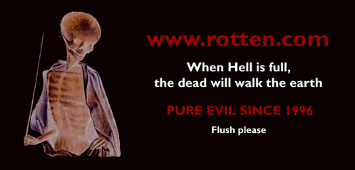 an advertisement for www.rotten.com shows a skeleton holding a stick
