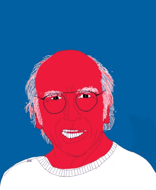 a red and white drawing of a man with glasses and a bald head