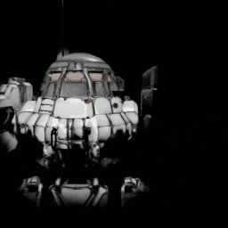 a black and white robot with a red light on the front