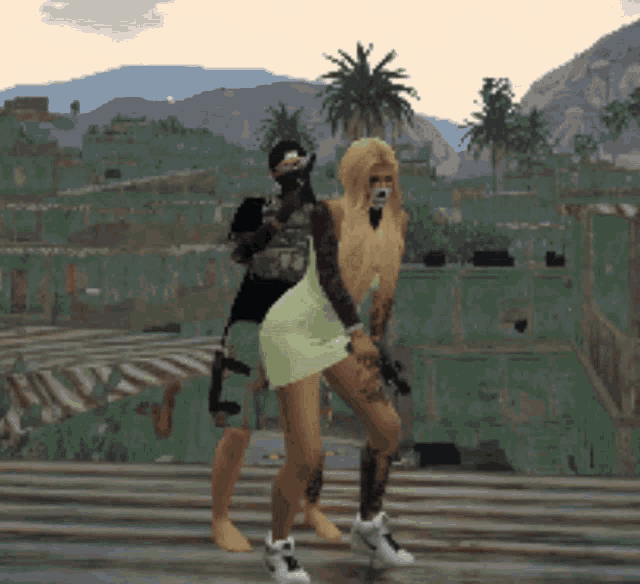 a man and a woman are dancing in a video game with mountains in the background