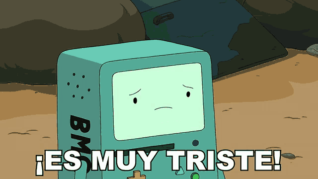 a cartoon of bmo from adventure time with the words es muy triste below him