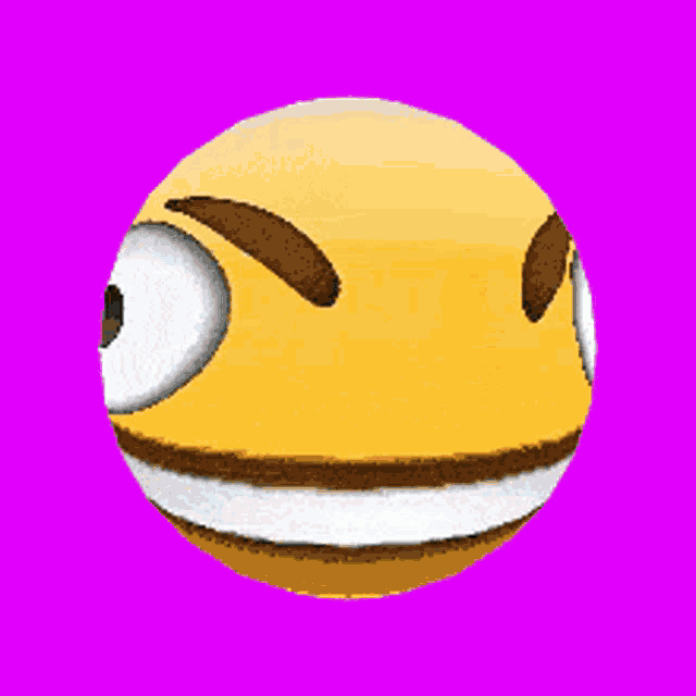 a yellow smiley face with a purple background and a white eye