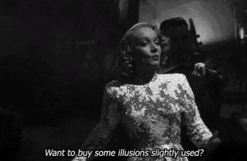 a black and white photo of a woman singing with the caption want to buy some illusions slightly used .