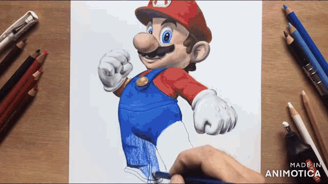 a person is drawing mario on a piece of paper with pencils