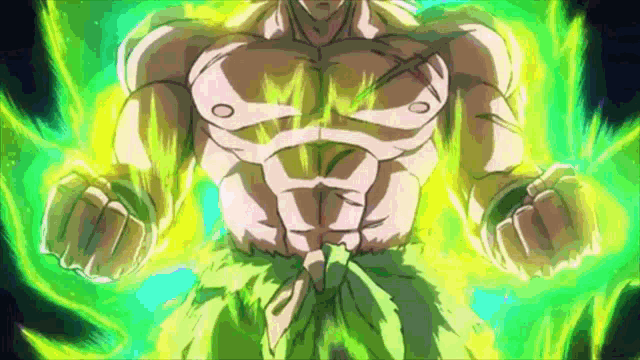 a close up of a cartoon character with green energy coming out of his chest and arms .