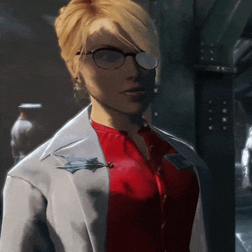 a woman wearing glasses and a red shirt has a name tag on her jacket that says ' amanda '
