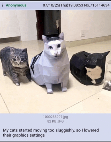 three cats made out of paper are sitting on a tiled floor with a caption that says " anonymous " at the top