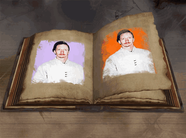 a book is open to two pictures of a man in a white shirt