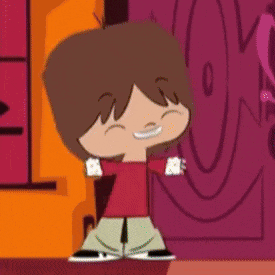 a cartoon character with brown hair and a red shirt is dancing