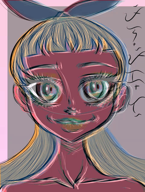 a drawing of a girl with a bow on her head and the letters t and s on the bottom