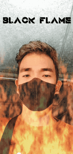 a man wearing a mask with the words black flame written above him