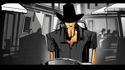 a black and white drawing of a man wearing a cowboy hat and a black shirt